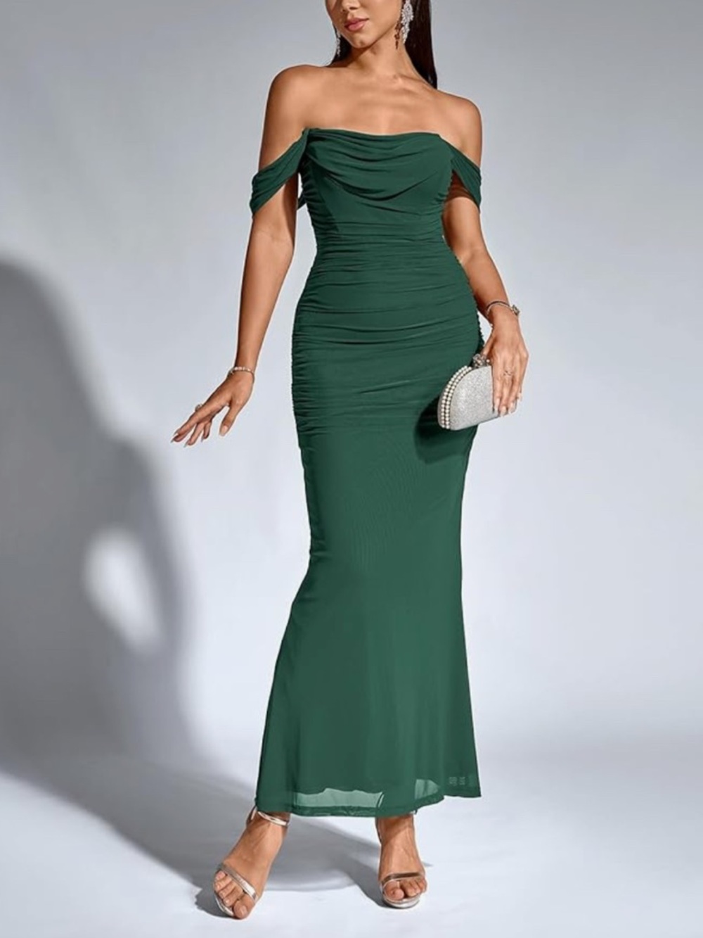 Off-Shoulder Forest Green Evening Gown